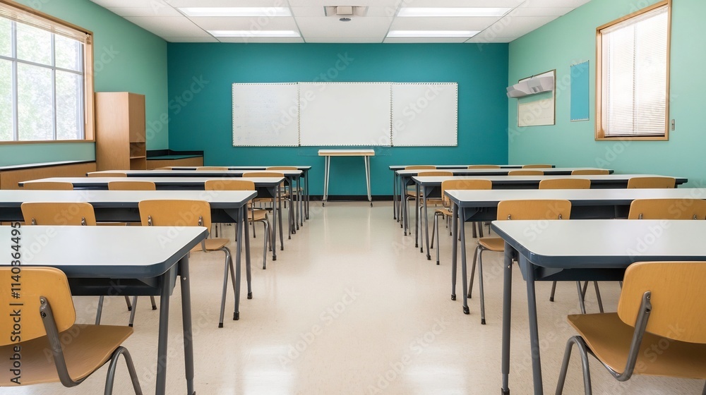 Empty Modern Classroom with Clean Whiteboard and Desks Prepared for Lesson or Lecture Empty Modern Classroom with Clean Whiteboard and Desks Prepared for Lesson or Lecture