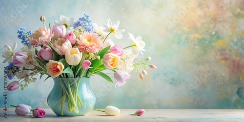 Wallpaper Mural Soft pastel bouquet, spring flowers, vase, light background, asymmetrical Torontodigital.ca