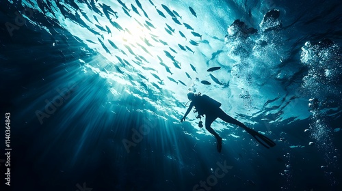 Wallpaper Mural Diver exploring underwater world surrounded by schools of fish in clear blue ocean Torontodigital.ca