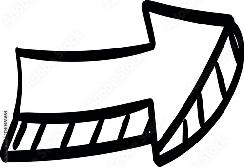 A black-and-white hand-drawn arrow pointing to the right. The arrow has a thick outline and diagonal stripes on the lower part of the shaft, with a clean, bold design. No text or additional elements a