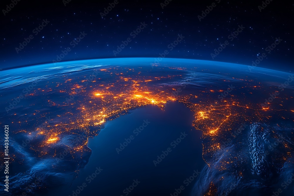 Obraz premium Earth at Night Mediterranean Coastline Lights