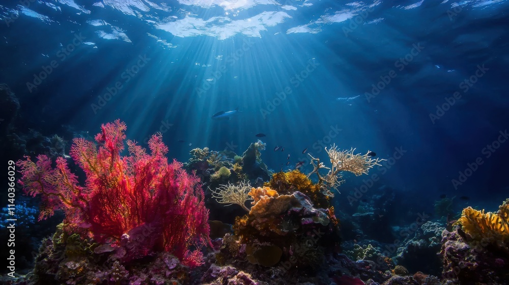 Fototapeta premium A vibrant underwater scene featuring colorful corals and rays of light illuminating the clear blue water. Abundant marine life surrounds the corals.