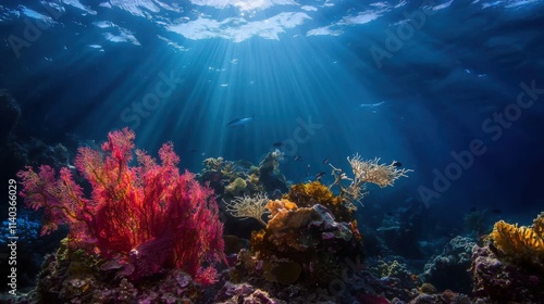 A vibrant underwater scene featuring colorful corals and rays of light illuminating the clear blue water. Abundant marine life surrounds the corals. photo