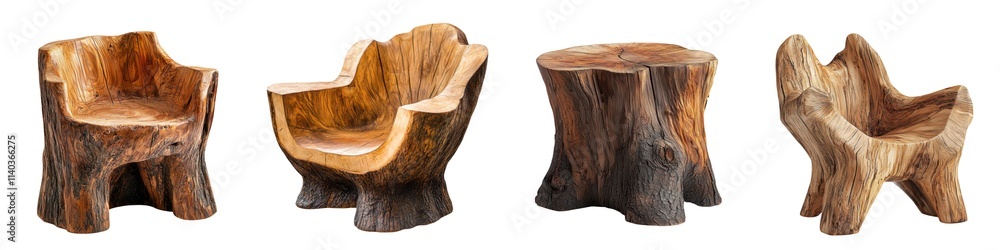 Unique Wooden Chair and Stump on White Background Unique Wooden Chair and Stump on White Background