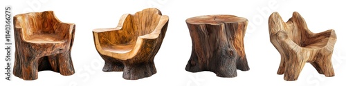 Unique Wooden Chair and Stump on White Background