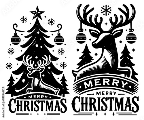 christmas tree with reindeer, christmas tree silhouette