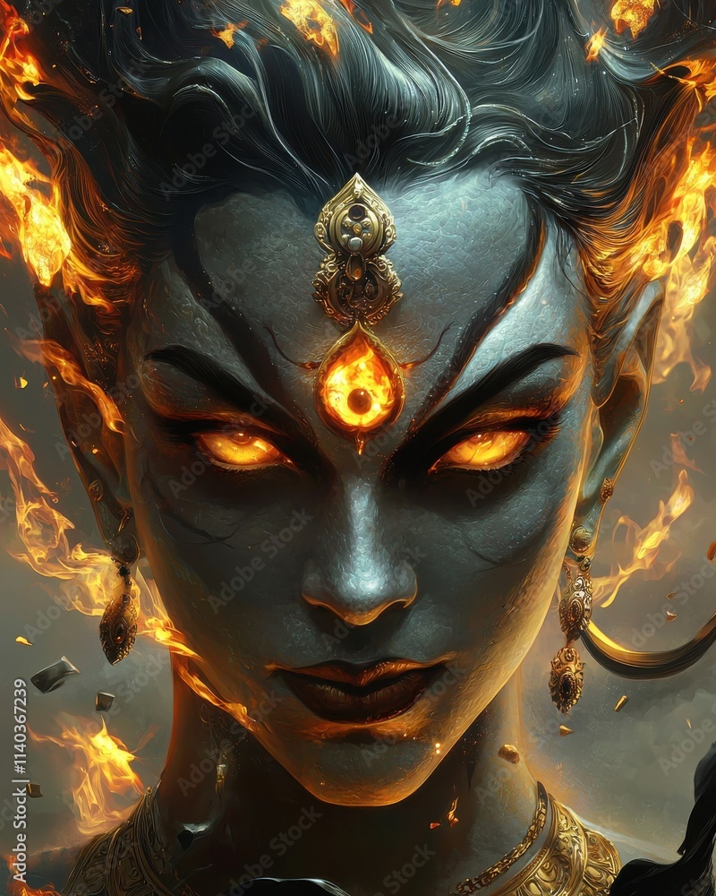 Fiery kali ma action sacred temple digital art divine ornaments close-up cosmic power Fiery kali ma action sacred temple digital art divine ornaments close-up cosmic power