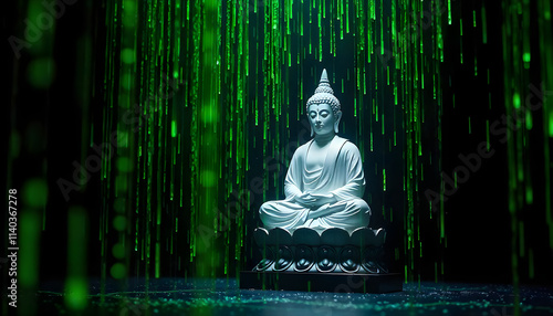 white color buddha in a meditation pose at a black background with a green color matrix rain effect image photo