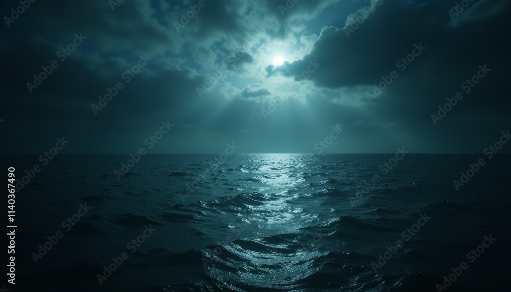 Mystical ocean depths bathed in silver moonlight under a dramatic sky filled with swirling clouds Mystical ocean depths bathed in silver moonlight under a dramatic sky filled with swirling clouds