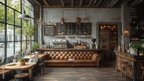 Rustic industrial cafe interior with leather sofa, wooden tables, and large window.