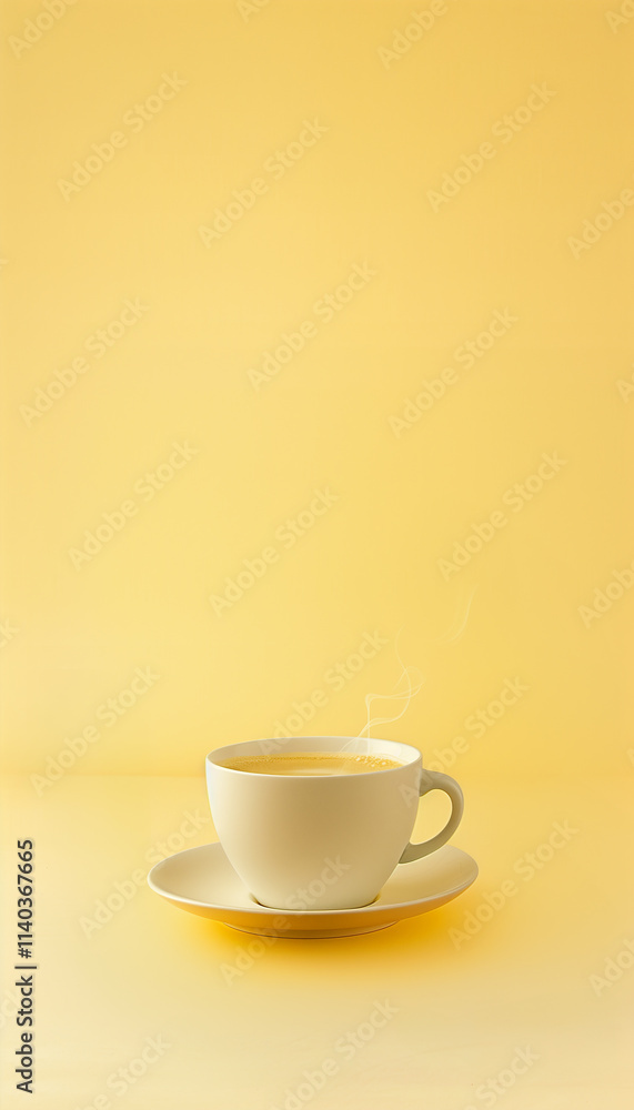 Steaming cup of coffee on a vibrant yellow background Steaming cup of coffee on a vibrant yellow background