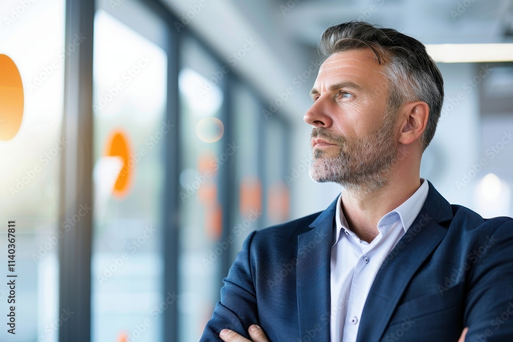 A thoughtful man in a blazer gazes out a window, reflecting on ideas in a modern office setting. A thoughtful man in a blazer gazes out a window, reflecting on ideas in a modern office setting.
