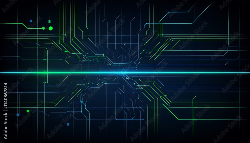 Abstract Futuristic Technology Circuit Board Design: Green and Blue Lines Network Pattern Abstract Futuristic Technology Circuit Board Design: Green and Blue Lines Network Pattern
