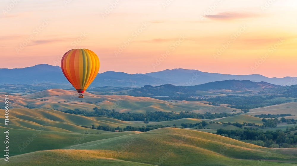 Obraz premium Vibrant Hot Air Balloon Floating Over Rolling Hills at Sunrise