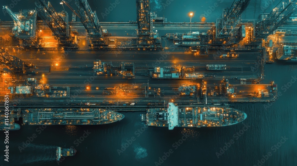 Fototapeta premium Shipyard activities take place in busy port with illuminated containers and vessels at night