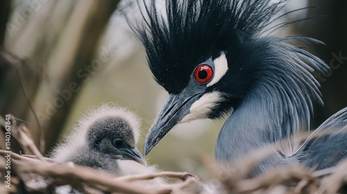 A vibrant jungle bird cares for its fluffy chick in a nest, showcasing a nurturing bond in a lush, green environment filled with natural beauty photo