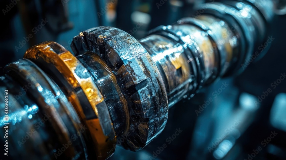 Obraz premium Close view of a worn camshaft in an industrial workshop showcasing mechanical components in a dimly lit setting