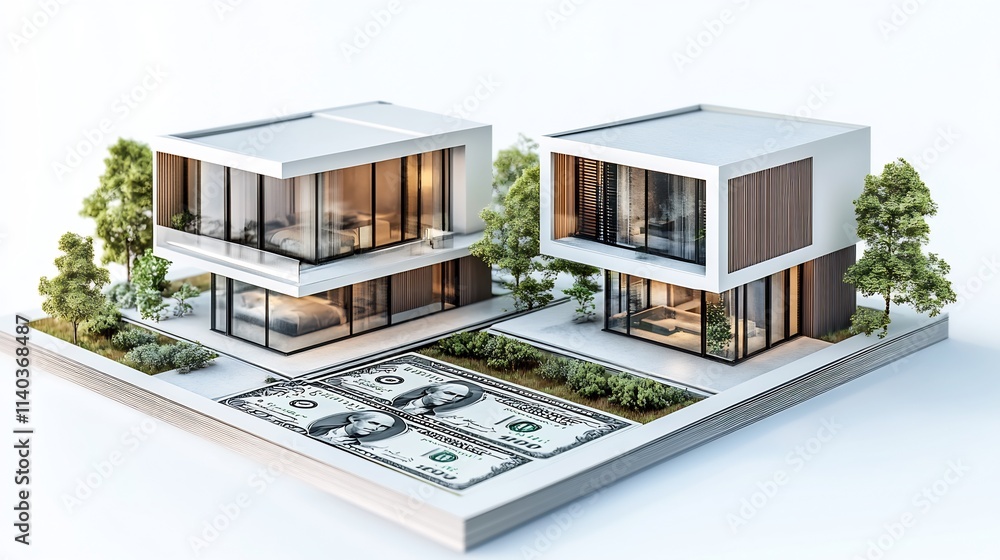 Modern two-story houses on a plot of land with US dollar bills beneath, suggesting real estate investment or purchase. Modern two-story houses on a plot of land with US dollar bills beneath, suggesting real estate investment or purchase.
