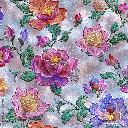 Vibrant floral embroidery pattern with colorful flowers and green leaves on a textured background.