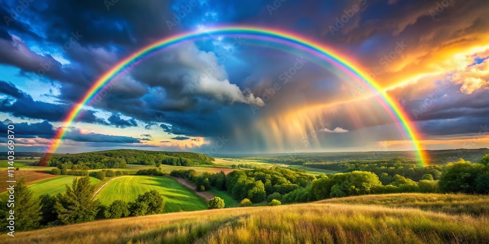Obraz premium Double Rainbow Bokeh Photography, Stunning Nature Photo, Vibrant Arc, Atmospheric Optics, Rainbows in Nature, Bokeh Lights, Colorful Sky