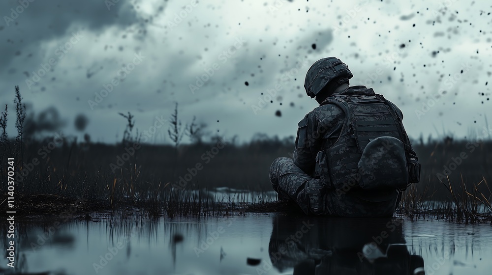 Silhouette of a soldier sitting alone in a dramatic battlefield scene with birds flying overhead. Silhouette of a soldier sitting alone in a dramatic battlefield scene with birds flying overhead.