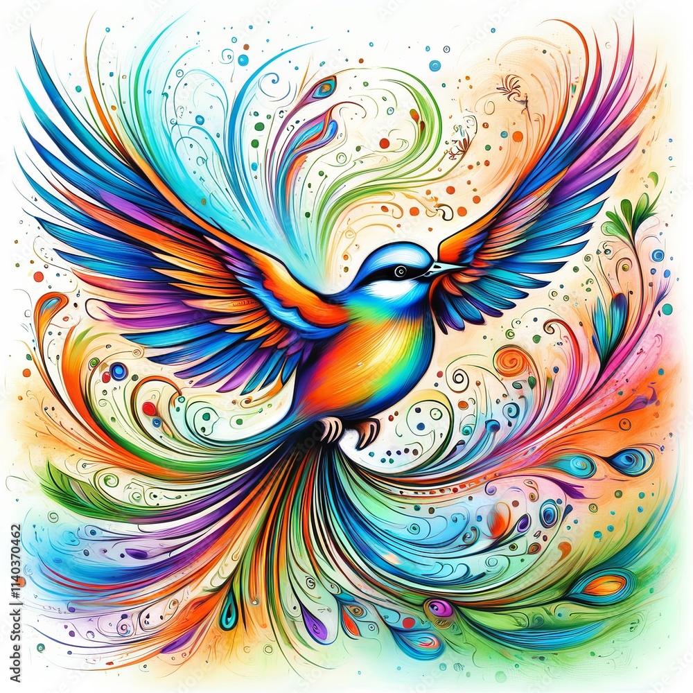 Fototapeta premium A vibrant hand-painted oil artwork of a bird in flight, featuring bold, colorful strokes and dynamic movement against a textured background. Created with generative AI technology