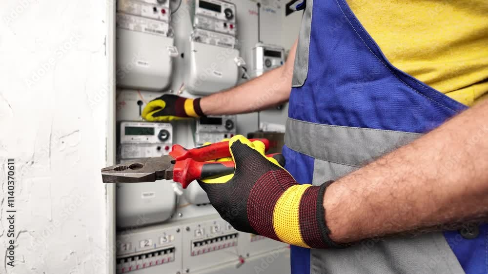 Technician working on a modern electricity power meter station in a building. Technician working on a modern electricity power meter station in a building.