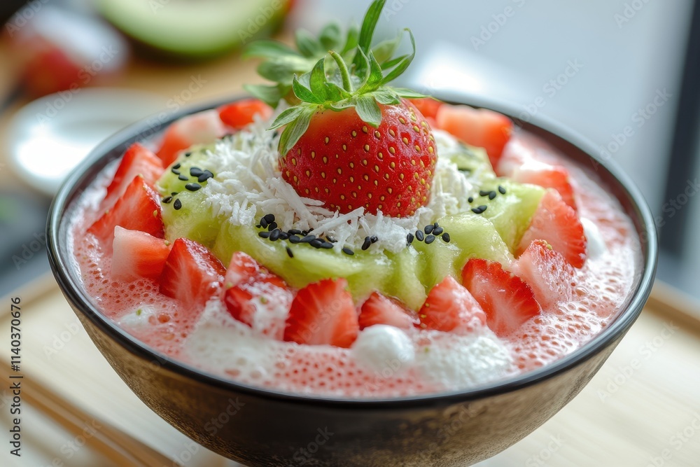 Strawberry and melon bingsu dessert topped with cream