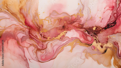 a painting with pink and gold paint