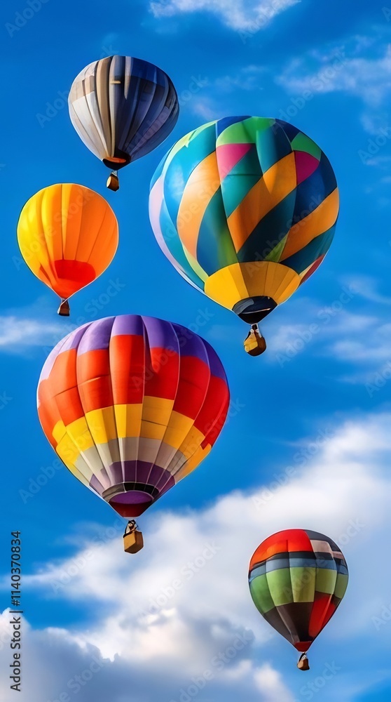 Colorful hot air balloons float in a vibrant blue sky. Colorful hot air balloons float in a vibrant blue sky.