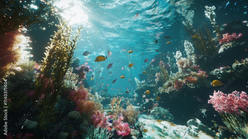 An enchanting view of a vibrant coral reef teeming with colorful fish and marine life, illuminated by sunlight filtering through blue waters. An enchanting view of a vibrant coral reef teeming with colorful fish and marine life, illuminated by sunlight filtering through blue waters.