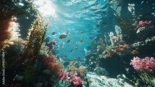 Wallpaper Mural An enchanting view of a vibrant coral reef teeming with colorful fish and marine life, illuminated by sunlight filtering through blue waters. Torontodigital.ca