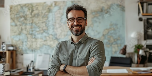 Portrait of a cartographer standing proudly in a mapping studio