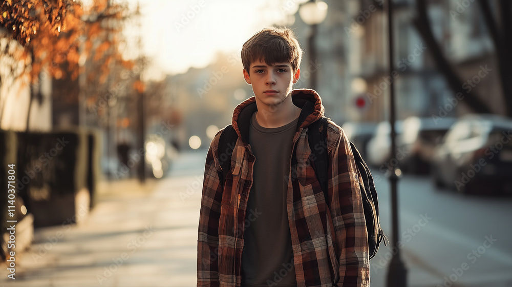 Teenage boy in plaid jacket with backpack walking on a sunny autumn city street with soft light Teenage boy in plaid jacket with backpack walking on a sunny autumn city street with soft light
