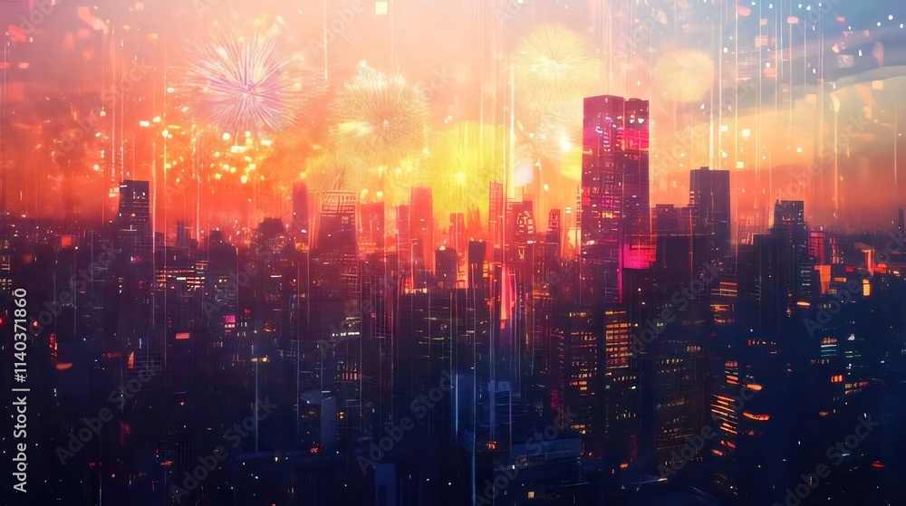 Vibrant cityscape at night with fireworks display. (1) Vibrant cityscape at night with fireworks display. (1)