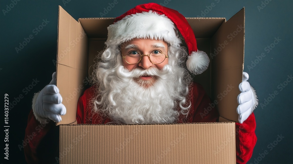 Fototapeta premium Excited Santa Claus opening a large box, spreading holiday cheer in a festive atmosphere.
