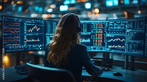 A woman is sitting at a desk with three computer monitors in front of her