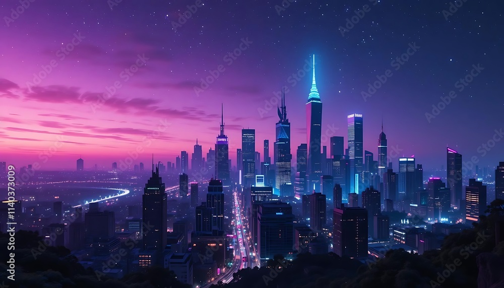 Neon Cityscape at Twilight: A Dreamy, Synthwave Panorama Neon Cityscape at Twilight: A Dreamy, Synthwave Panorama
