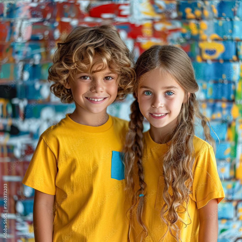 Two young children wearing yellow shirts are smiling for the camera. The boy has blue pockets on his shirt and the girl has long hair Two young children wearing yellow shirts are smiling for the camera. The boy has blue pockets on his shirt and the girl has long hair