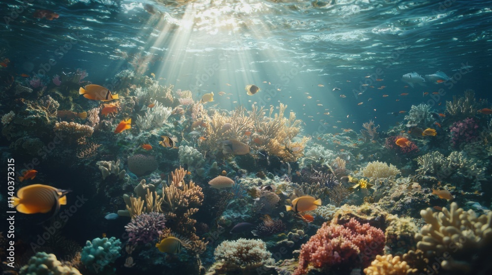 Naklejka premium A vibrant underwater scene showcasing a colorful coral reef teeming with various fish species, illuminated by sunlight streaming through the water.