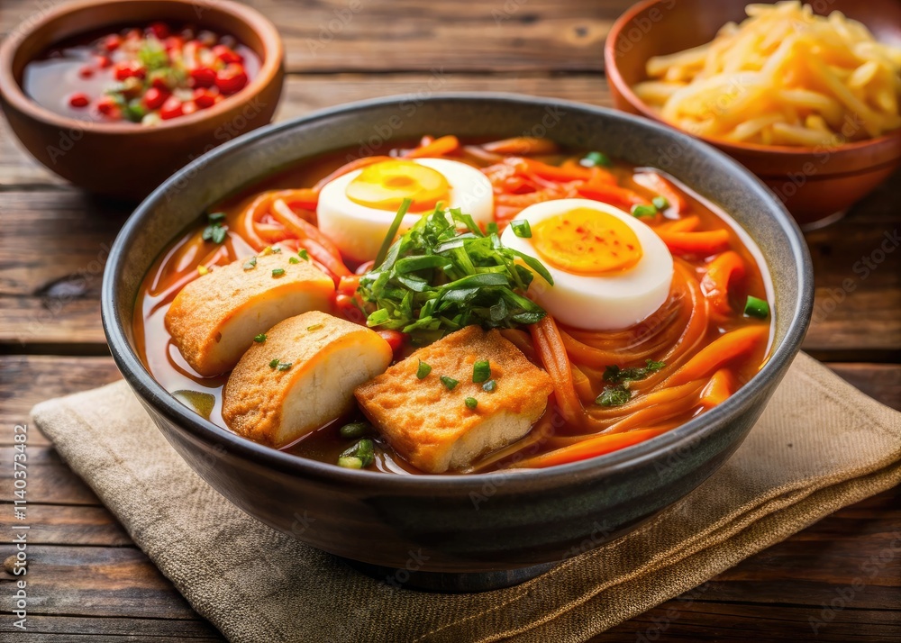Candid shot: A tempting bowl of Korean ramen features rice cakes, fish cakes, and a runny egg. Pure deliciousness. Candid shot: A tempting bowl of Korean ramen features rice cakes, fish cakes, and a runny egg. Pure deliciousness.