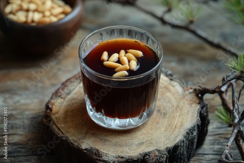 Sujeonggwa is a classic Korean chilled beverage deep reddish brown made with dried persimmons and typically topped with pine nuts photo