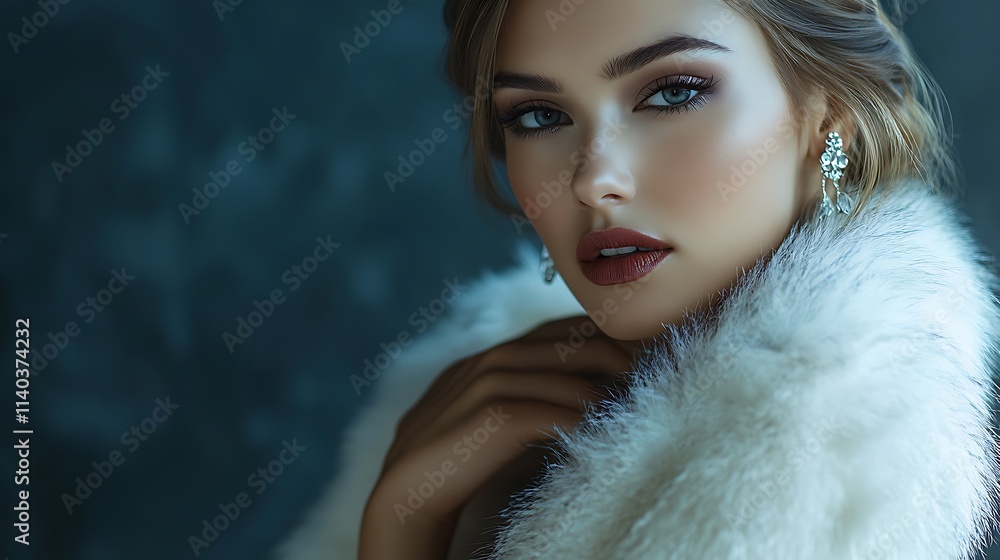 Female model in luxurious fur stole and evening gown, posing elegantly with dramatic lighting Female model in luxurious fur stole and evening gown, posing elegantly with dramatic lighting