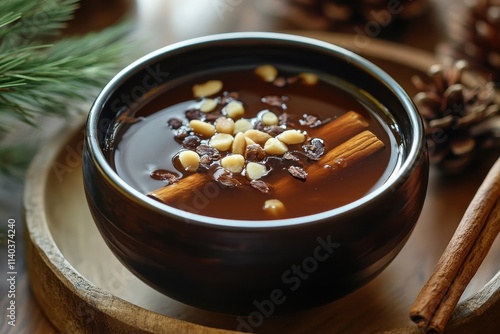 Sujeonggwa is a Korean cinnamon drink dark reddish brown made with cinnamon dried persimmons and ginger garnished with pine nuts and jujubes photo