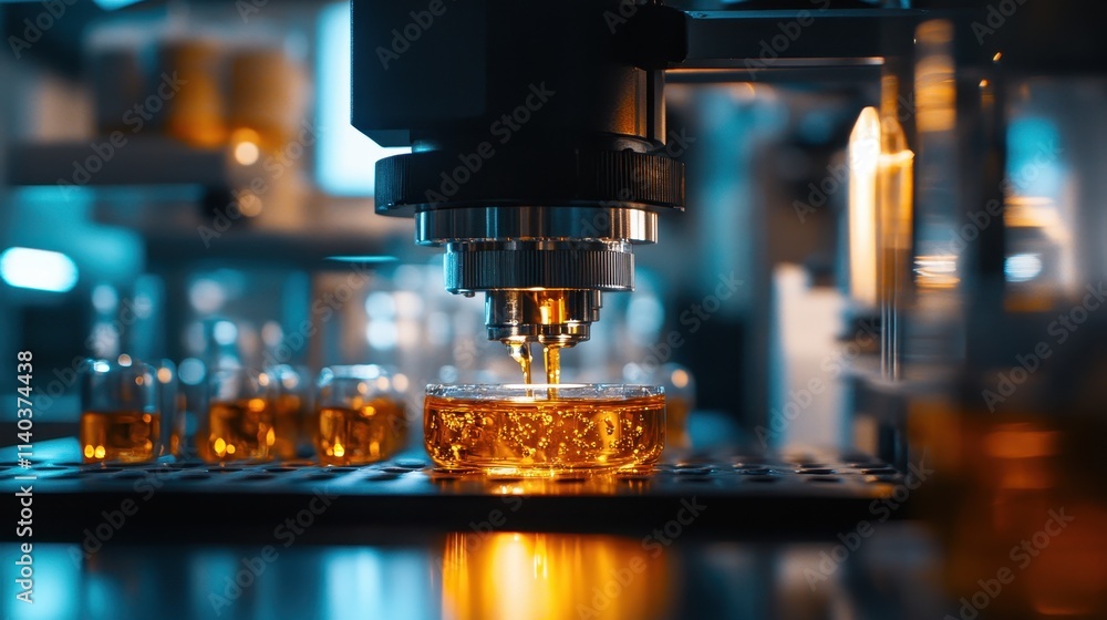 Liquid metal flows smoothly from a precision nozzle during a manufacturing process in a modern industrial facility Liquid metal flows smoothly from a precision nozzle during a manufacturing process in a modern industrial facility