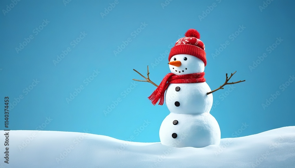 Fototapeta premium Cheerful snowman standing on a wintry blue background adorned with falling snowflakes and a festive ambiance. Created with generative AI technology