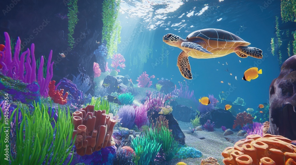 Naklejka premium A vibrant underwater scene featuring a sea turtle swimming amidst colorful coral reefs and tropical fish, showcasing the beauty of marine life.