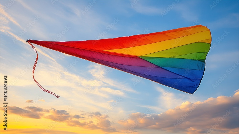 Rainbow kite flying in sunset sky. Rainbow kite flying in sunset sky.