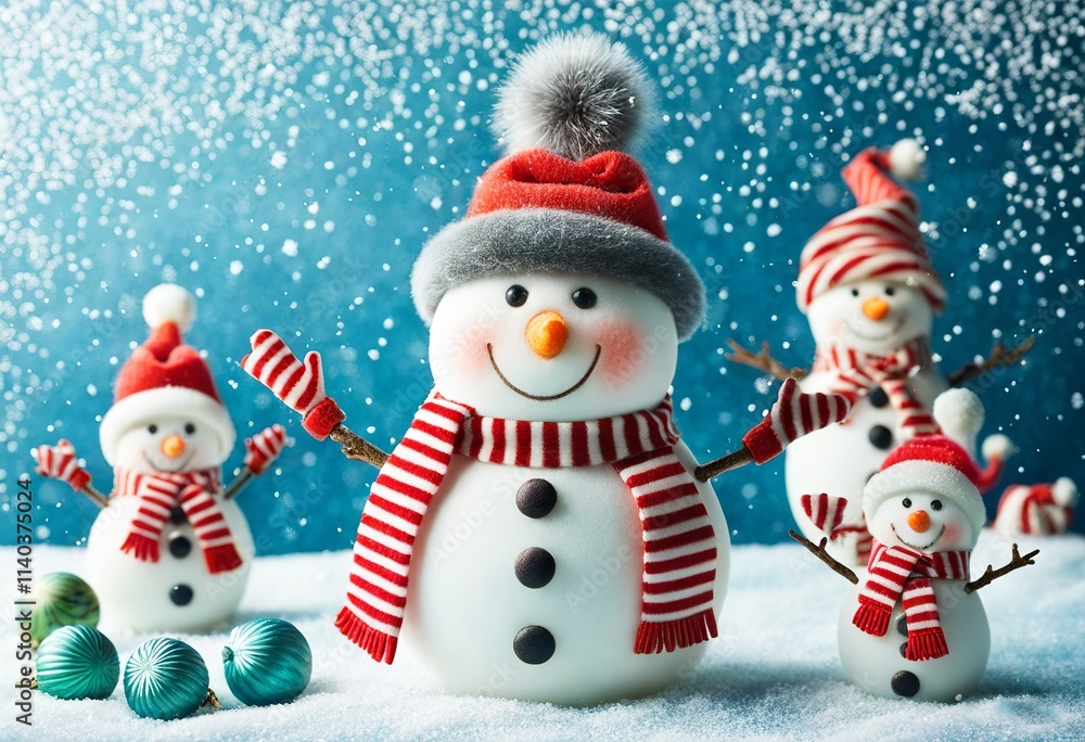 Cheerful snowman standing on a wintry blue background adorned with falling snowflakes and a festive ambiance. Created with generative AI technology Cheerful snowman standing on a wintry blue background adorned with falling snowflakes and a festive ambiance. Created with generative AI technology