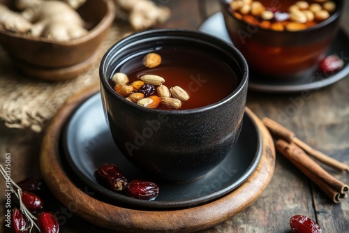 Sujeonggwa is a traditional Korean cinnamon drink dark reddish brown made with cinnamon dried persimmons and ginger topped with pine nuts and red dates photo